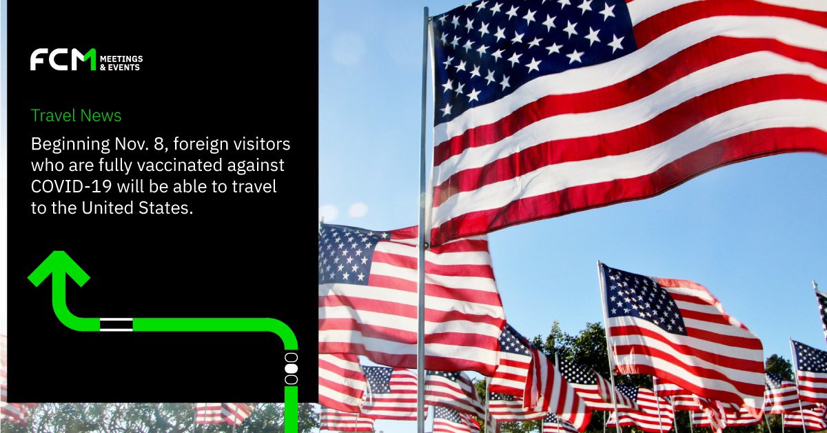MiceFcm's tweet photo. TRAVEL ALERT!
From November 8th, USA will be lifting its travel ban and allowing fully vaccinated travellers to enter the United States. Read more:
https://t.co/cjbJ9xaBRE
#getbacktowork #meetingsandevents #fcm #travel https://t.co/3nV6kpObkH