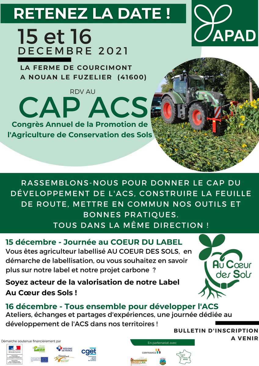 apad_contact's tweet photo. A vos agendas ! Rdv le 15 et 16 décembre 21 à Nouan-Le-Fuzelier (41) au CAP ACS (Congrès Annuel de la Promotion de l’Agriculture de Conservation des Sols). Programme et inscriptions à venir dans notre infolettre d’Octobre. #apad #AuCoeurDesSols #AgricultureDeConservationDesSols https://t.co/wRsb4vIhBG