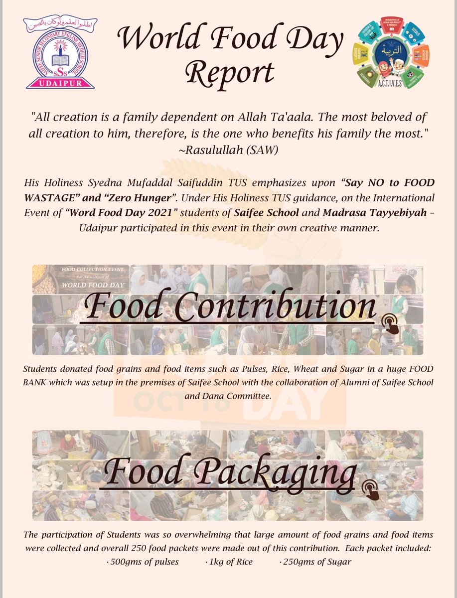 SaifeeSchool's tweet photo. Saifee School-Udaipur and Madrasah Taiyebiyah proudly presents report of World Food Day Activities conducted.

Kindly go through the link for the report &amp; click on the hyperlinks provided in the PDF to go through the photos &amp; videos of the event.

https://t.co/RXYfZ3U3c8 https://t.co/yFlg07UKxA