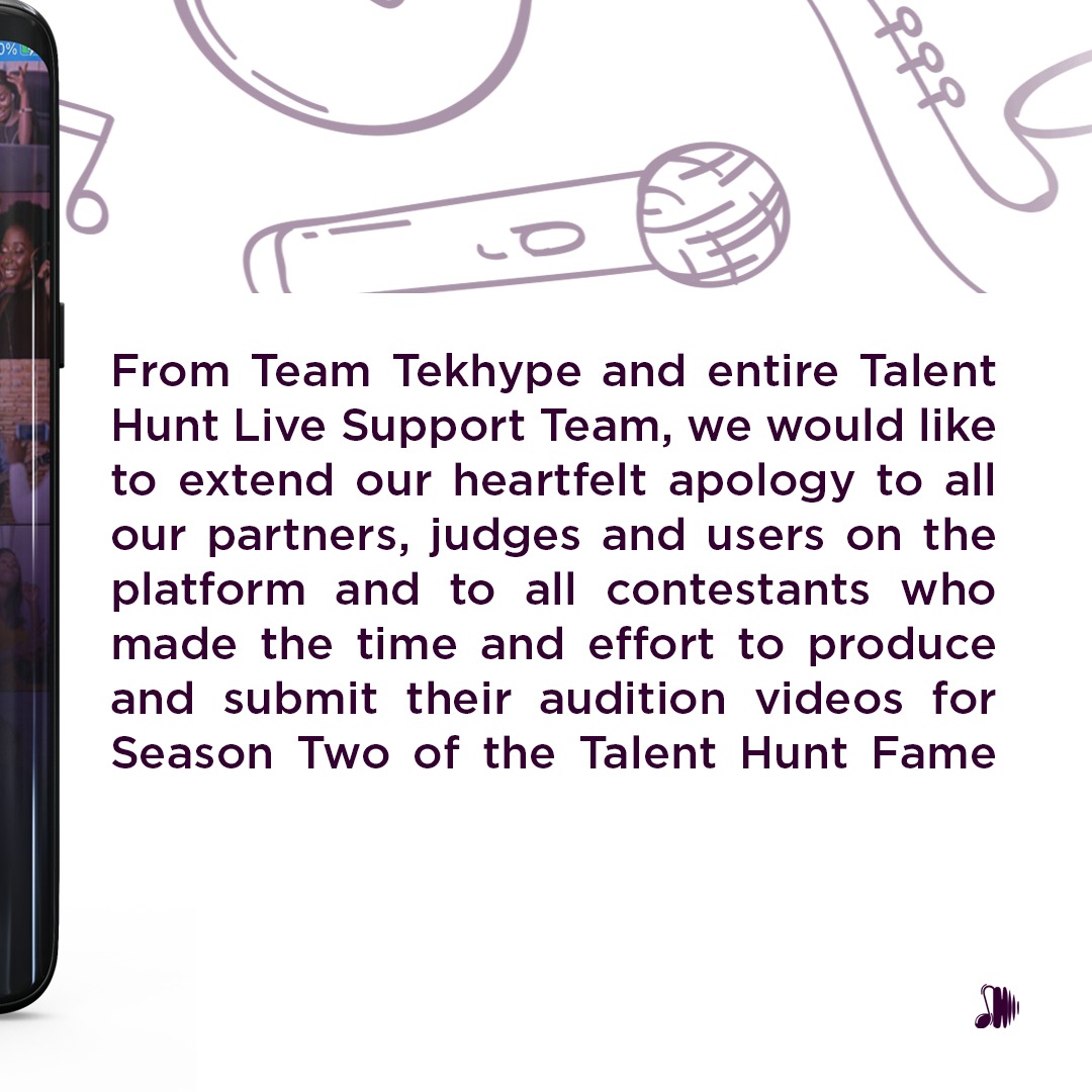 talenthuntlive's tweet photo. The Talent Hunt Live Competition Season 2 statement. We apologize for any inconvenience caused. https://t.co/Z8cPJ8drik