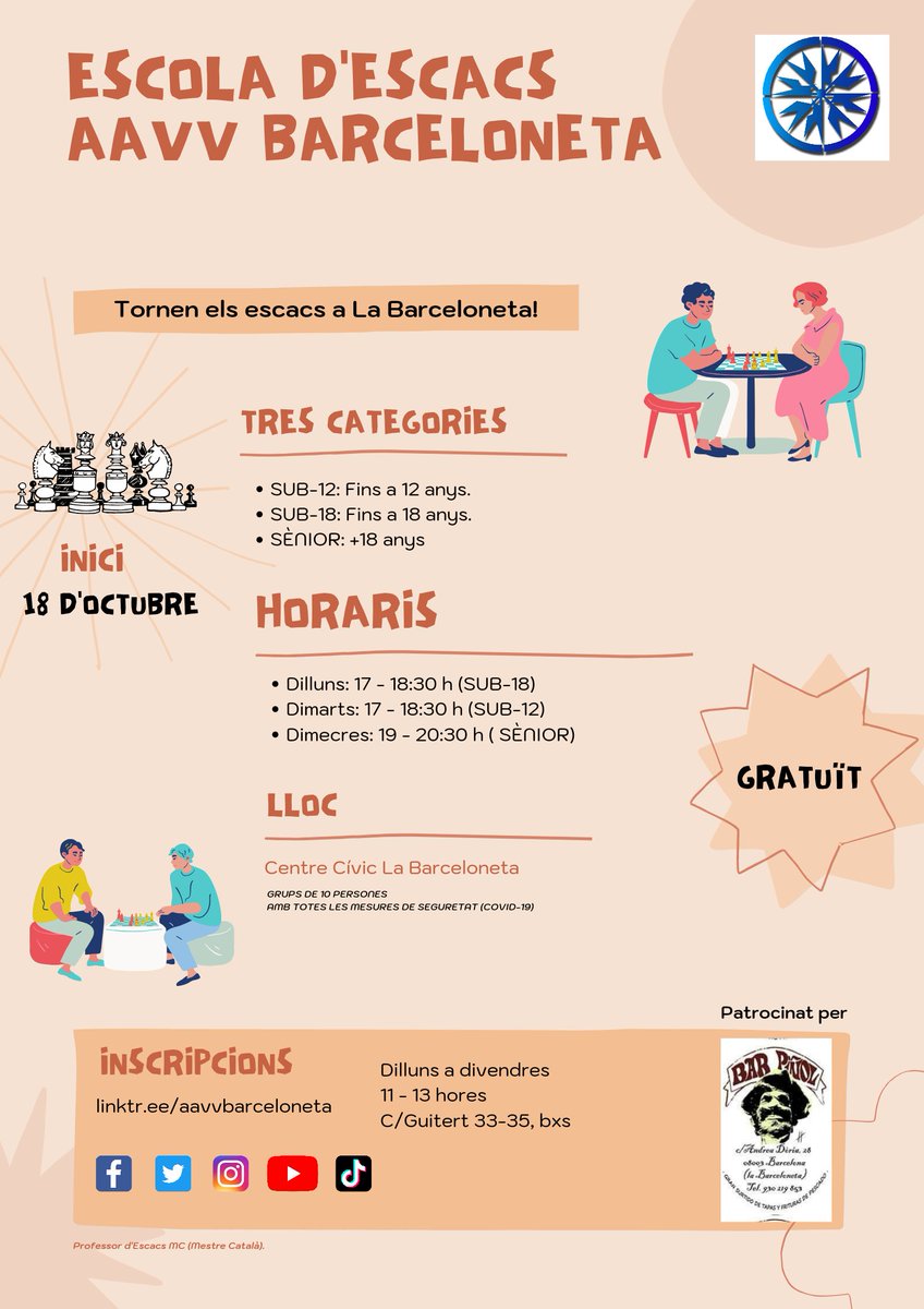 aavvbarceloneta's tweet image. Avui comença l&apos;Escola d&apos;Escacs AAVV Barceloneta!

Avui la categoria (SUB-18) a les 17 h fins a les 18:30 h al centre cívic de la Barceloneta!

✅Activitat gratuïta!

#AAVVBarceloneta #Escacs #Ajedrez #chess