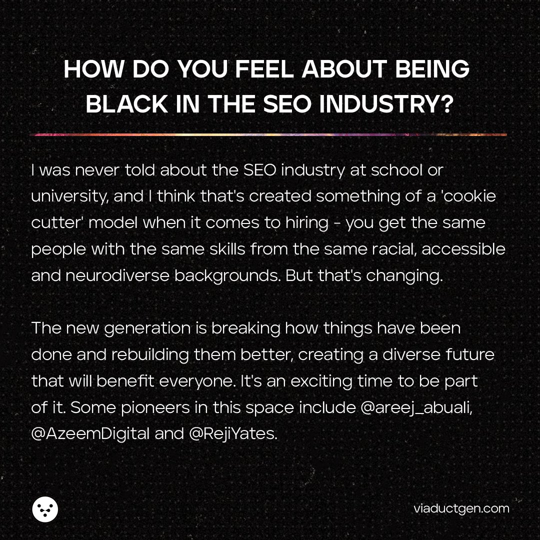 Next up in our Black Leaders in SEO series for  #BlackHistoryMonth is the one &amp; only <a href="/ThierryAlain/">👑 Thierry</a>, Head of Data Insights at <a href="/riseatseven/">Rise at Seven</a>.

Learn more about him here: linktr.ee/thierryngutegu…

#ViaductGeneration #SEOAgency #DiversifyingDigital #AmplifyingGreatness #DrivingChange