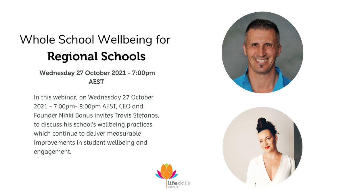 lifeskillsgo's tweet image. Join us for a discussion with Nikki Bonus and Travis Stefanos in our Whole School Wellbeing for Regional Schools Webinar. Visit: bit.ly/3DPvvnF
#lifeskills #lifeskillsgroup #learning #education #motivation #mindful #growth #growing #learningforkids  #regionalschools