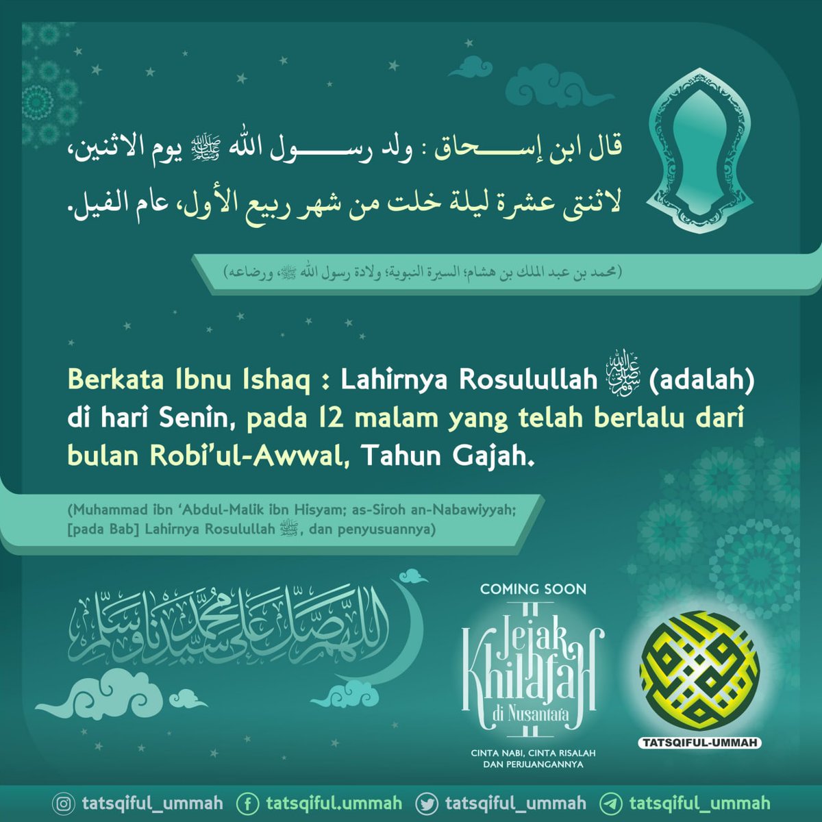 HARI LAHIRNYA HAMBA ALLAH YANG DIMULIAKAN.

Lahirnya Rosulullah ﷺ (adalah) di hari Senin, pada 12 malam yang telah berlalu dari bulan Robi’ul-Awwal, Tahun Gajah.
instagram.com/p/CVJ9qJZhzz4/…

#MaulidNabi #Sholawat #WowAdaJKDN2