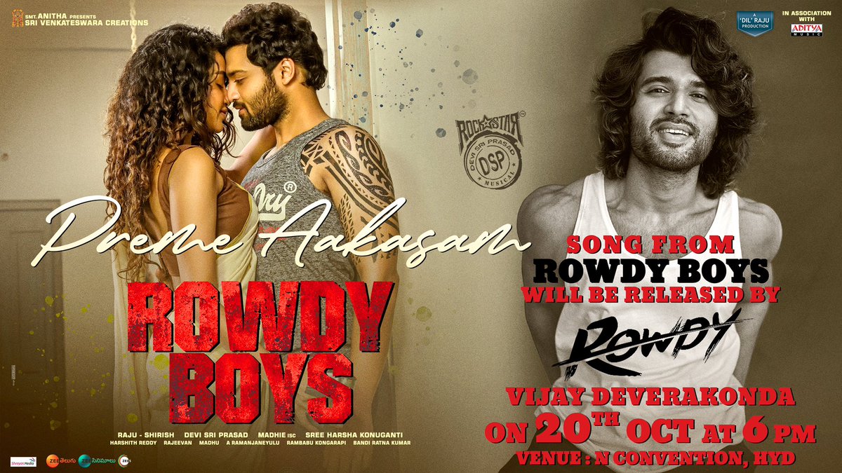 Our Rowdy Boy @TheDeverakonda to release Romantic Single #PremeAakasam from #RowdyBoys on Oct 20th!

@anupamahere @HarshaKonuganti @ThisisDSP @Madhie1 @SVC_official @adityamusic
#sahidevvikram #karthikrathnam #tejkurapati @komaleeprasad 

#VijayDeverakonda #LIGER