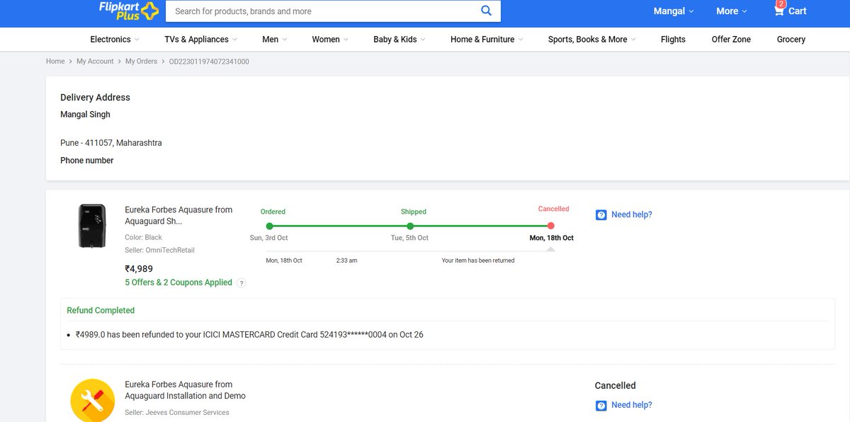 singhmangal's tweet photo. Big billion days offer Order id OD223011974072341000 dispatched and reached the destination on 7th October. The booking amount was 4989Rs and now they suddenly canceled the order and are telling to pay 7499Rs now. Cheat.
@Flipkart
 
@EurekaForbes 
 
@jagograhakjago
 
@consaff https://t.co/1fqosLTKsy