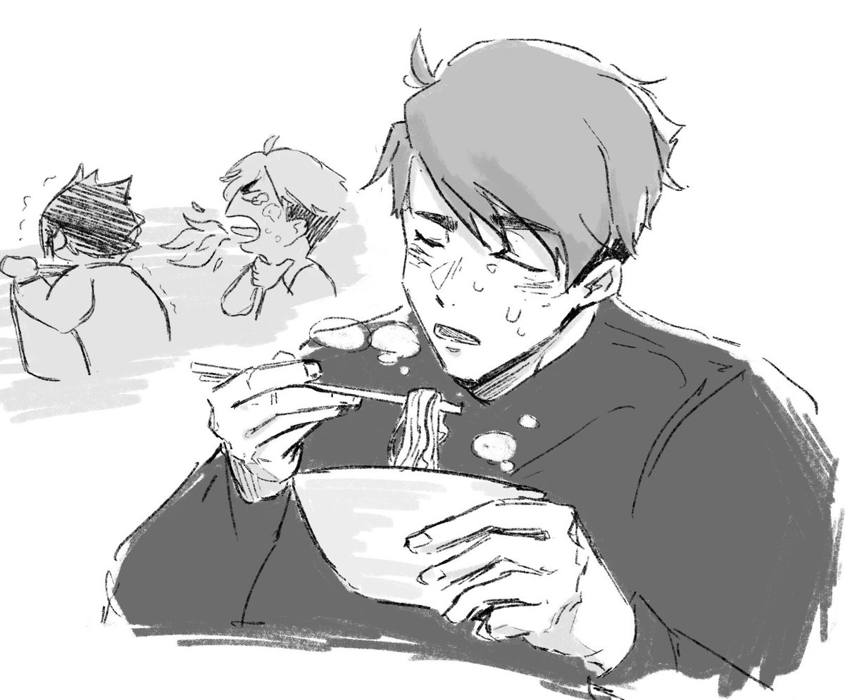 inspectortrash's tweet image. samu eating spicy ramen noodles :]