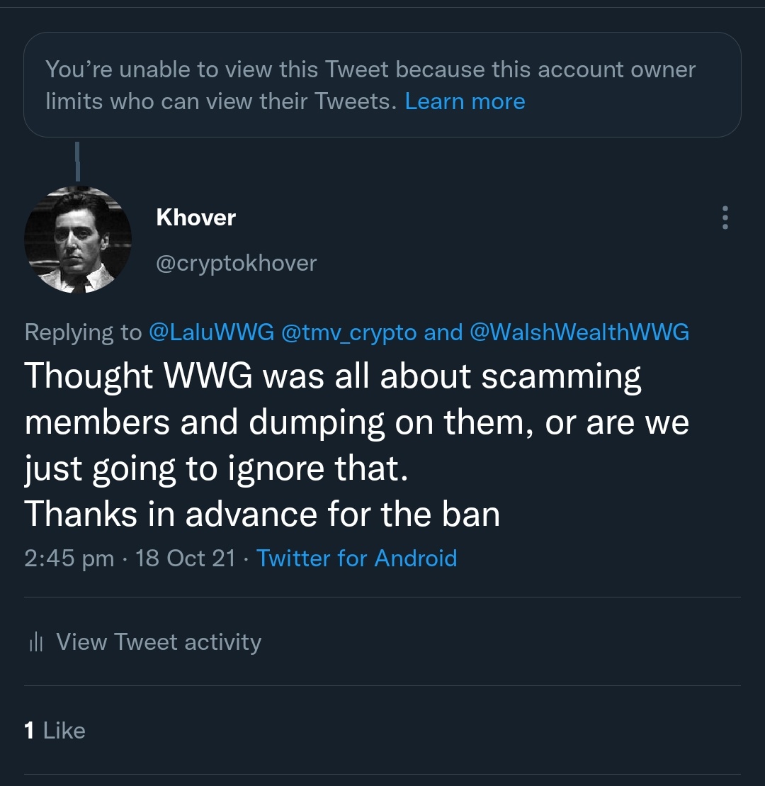 cryptokhover's tweet photo. Wow who would've thought a @WalshWealthWWG analyst would be a coward and hide his channels scammy behaviour. 

It's amazing how shitty the CT community can be, if you want Crypto to be legit you all need to grow the fuck up. https://t.co/R0TodLAagk