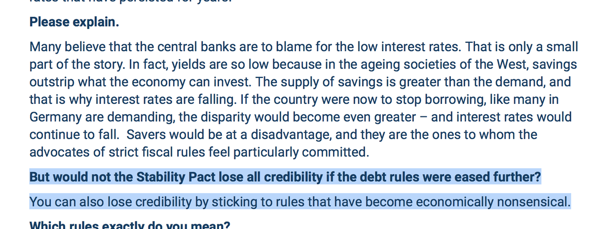 heimbergecon's tweet photo. "But would not the Stability Pact lose all credibility if the debt rules were eased further?"

"You can also lose credibility by sticking to rules that have become economically nonsensical."

This is a "BOOM" answer by ESM Director Klaus Regling 

https://t.co/3m47wC26ps https://t.co/4DoWwcBATq