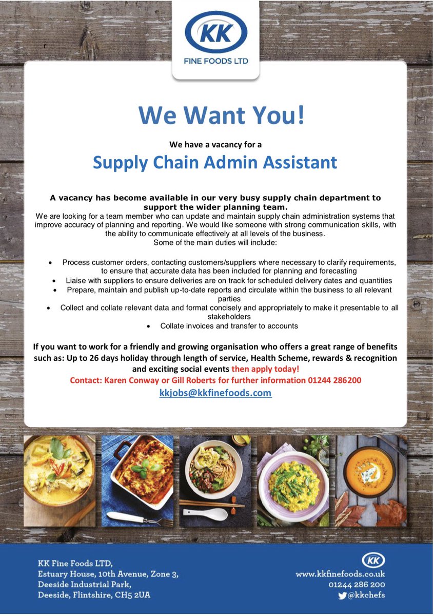 📣 JOIN OUR TEAM! 📣

Job role:
⭐️ SUPPLY CHAIN ADMIN ASSISTANT ⭐️ 

If you want to work for a friendly, innovative organisation and think this could be the role for you, we’d love to hear from you.

✉️ Send your cv to: kkjobs@kkfinefoods.com
Or
📞 Call Karen Conway 01244 286273