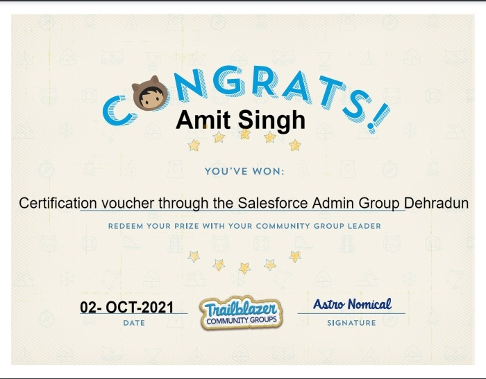 DehradunSfGroup's tweet photo. Congratulations!!! @AmitSin64341700  you have won the Salesforce certification voucher from recent in-person event in Dehradun
#trailblazerCommunity #certification #voucher #Sfdc4Student #Salesforce #SalesforceSaturday https://t.co/7Ty7L5wict