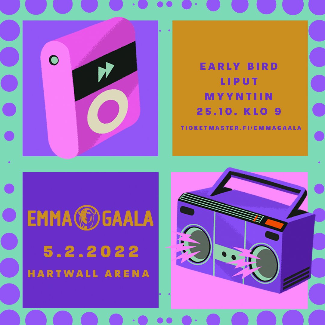 Suomalaisen musiikin suurinta juhlaa, Emma Gaalaa, päästään jälleen viettämään liveyleisön kanssa Hartwall Arenalla lauantaina 5. helmikuuta. 🎶

Emma Gaalan lipunmyynti käynnistyy ensi viikon maanantaina tarjoushintaisin Early Bird -lipuin.

#EmmaGaala
#EmmaGaala2022
