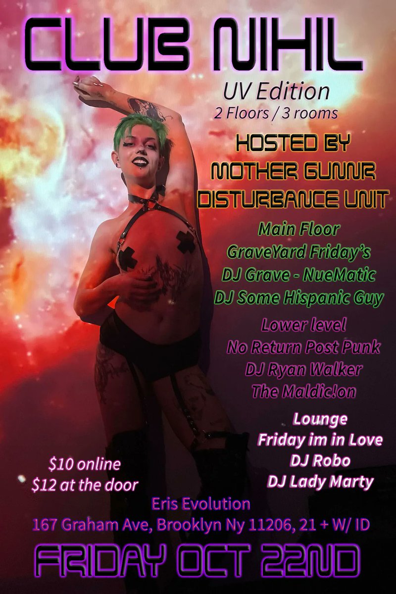 DjGrave174's tweet photo. New weekly event in NYC Club Nihil #clubnihil #erisevolution #brooklyn #nyc #nightlife #nightlifenyc #nightout #gotham #gothclub #fridaynight #uvparty #blacklight #gogodancer #gothicgirl #dancers #FridayVibes #fridaynightparty #eriseevolution #gothamgirls #industrial #Dance https://t.co/n4KTCzqY48