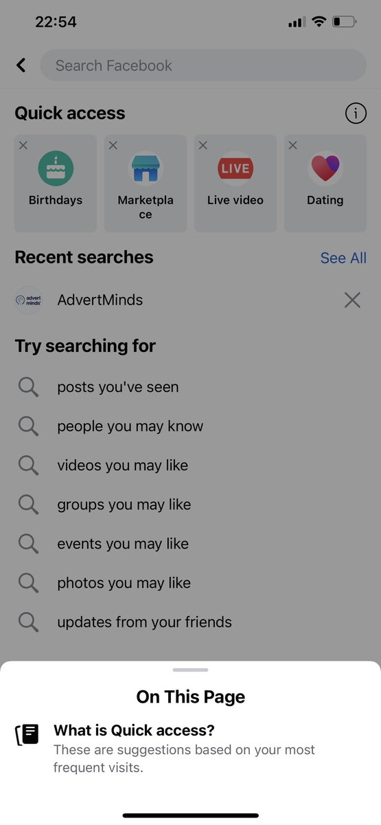 oncescuradu's tweet photo. #Facebook has tested this weekend / is testing a “Quick Access” feature in Search for our four most used tabs / services:

• We will have the option to remove one or all from that list, but they will come back after.

@MattNavarra 

#FacebookBeta https://t.co/eibSvGCeGh