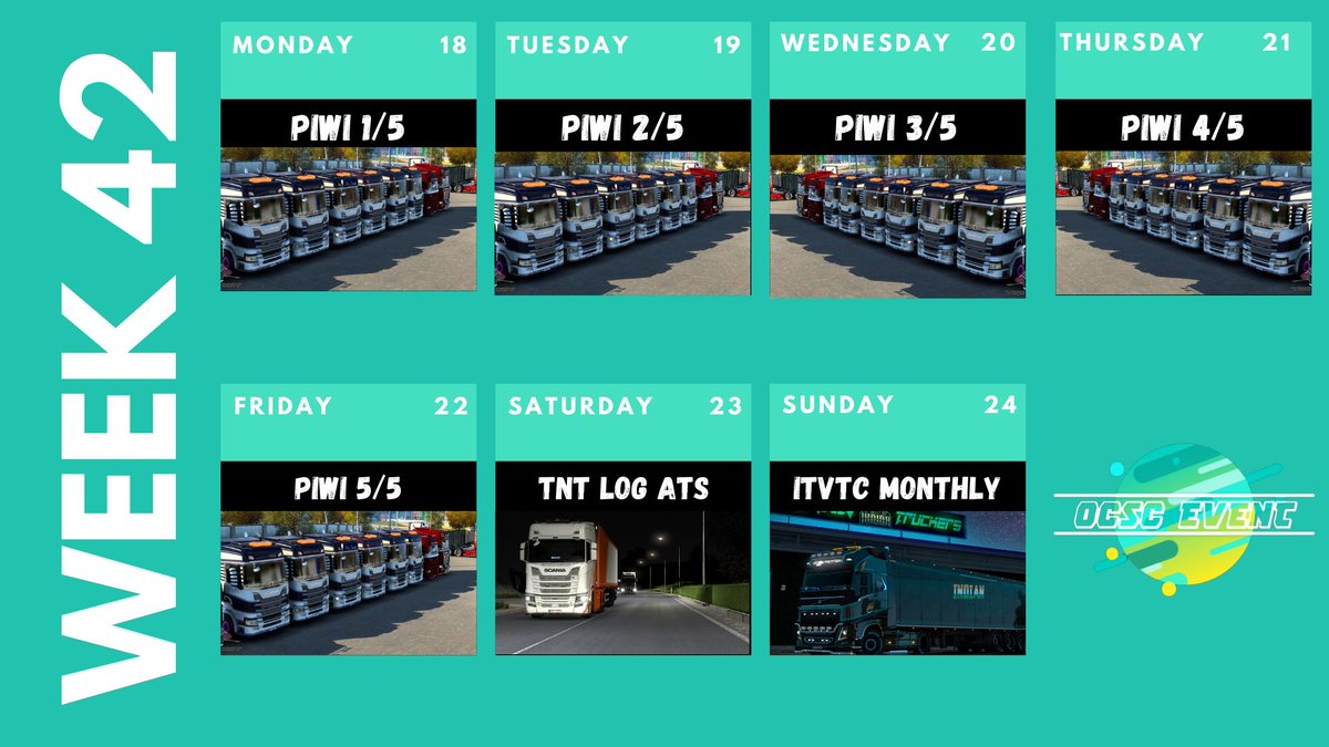 OCSC_Officiel's tweet photo. Here is our calendar for this week! Hope to see you on some of these events! If you want us to supervise your event, please take contact with us on our webpage. 

#ets2 #ats #truckersmp #supervisedbyocsc https://t.co/HS3xCB3ZMk