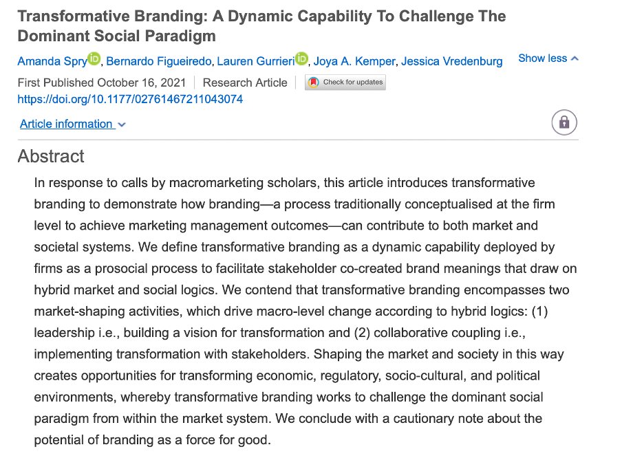 dramandaspry's tweet photo. New article in @JMacromarketing - 'Transformative Branding: A Dynamic Capability to Challenge the Dominant Social Paradigm' 
#Brands have a chequered past w society.
We ask: how can #branding shoulder meaningful responsibility for market &amp; social change? 
https://t.co/arNvY97SMb https://t.co/fueGMFniBh
