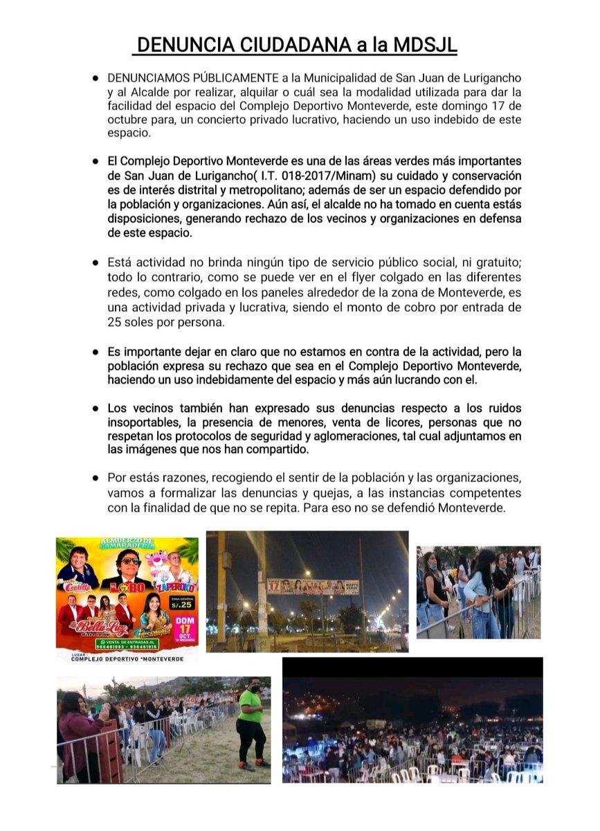 DefiendeSe's tweet photo. #DenunciaCiudadana 
Vecinos se pronuncian y denuncian que Municipalidad y  alcalde de SJL realicen concierto haciendo uso indebido del espacio de MONTEVERDE . @ContraloriaPeru @Defensoria_Peru @WaykaPeru @DefiendeSe @Jessicalopezcc https://t.co/kjFZbSRfJX