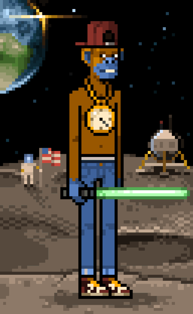 crunks_nft's tweet photo. This Crunk Ape found himself on the moon after purchasing @terra_money earlier in the year... so he bought himself some cool bball sneakers, a dope clock necklace and a very rare green lightsaber 🥳🌔🌔 
@randomearth_io #LUNAtics #LunaNFT #Terrans #GetCrunk https://t.co/bQyK8YSy03