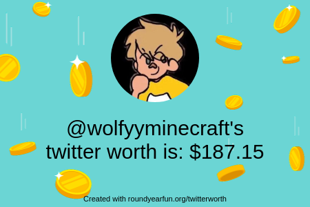 wolfyyminecraft's tweet photo. My Twitter worth is: $187.15

Find yours with https://t.co/6CA2Pzp8ti

⠀ https://t.co/9QMOcrLVVK