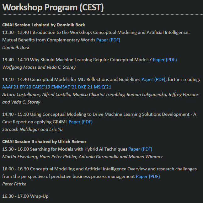 BorkDominik's tweet photo. Join us today @ERConceptModels #ER21 workshop day.
Please check the program of the Conceptual Modeling meets AI #CMAI and the Empirical Methods in Conceptual Modeling #EmpER workshops below. https://t.co/NMRWuWqBha