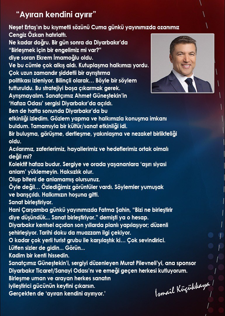 KucukkayaIsmail's tweet photo. ‘Ayıran kendini ayırır’
@AhmetGunestekin https://t.co/XF14UfESTM