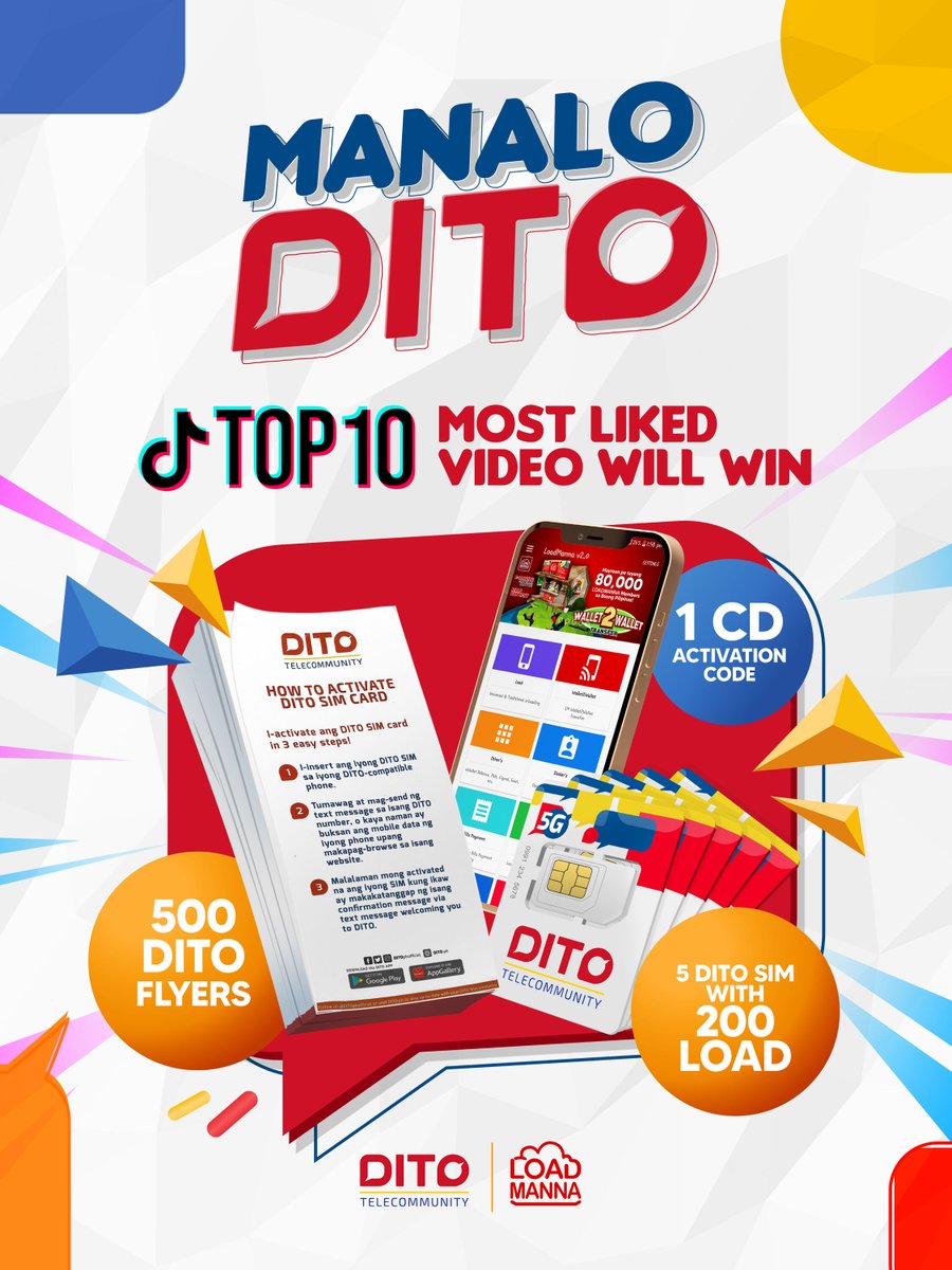 LoadmannaSocial's tweet photo. Sumali na sa Loadmanna x DITO Tiktok Challenge at ang sampu (10) na may pinakamataas na likes ang siyang mananalo ng:

＊ 5 DITO SIM with 200 LOAD
＊ 500 DITO Flyers
＊ 1 CD Activation Code

Baka ikaw ang isa sa 10 na mananalo. Sali na!

Ito ang mechanics: https://t.co/888pJtstgJ