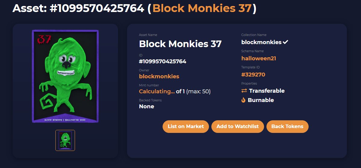 BlockMonkies's tweet photo. The Block Monkies “Halloween 21” collection has its first NFT… Block Monkies 37 (a.k.a. Goo-zuh)!
Check back for others to mysteriously appear. ;)
https://t.co/CKEBs2KVfZ
#blockmonkies #rarenft #nft #collectible #animation @WAX_io @AtomicHub #halloween https://t.co/J4PhV57ZwV