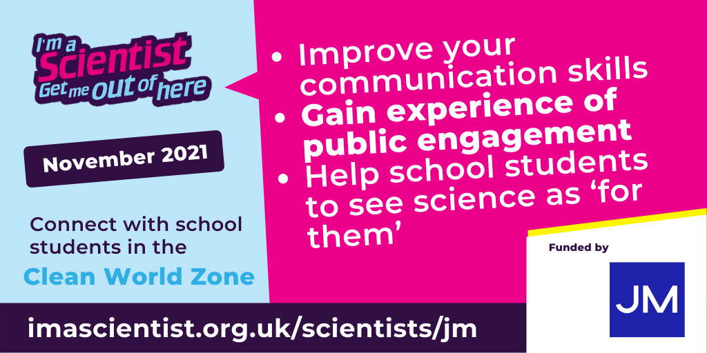 imascientist's tweet photo. We're looking for people working in science and sustainability-related roles to take part in our #CleanWorldZone this November.
Let us know you're available: https://t.co/4ScF9LGO5x @Johnson_Matthey https://t.co/bca9Z1BIIL