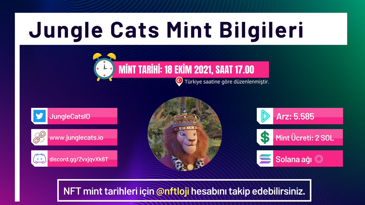 nftloji's tweet photo. 🚨 Mint Alarmı 

▪️ Proje adı: Jungle Cats
▪️ Mint ücreti: 2 $SOL
▪️ Mint linki: https://t.co/LRSY9Pk1Oi
▪️ Mint tarihi: 18.10.2021, Saat 17:00

🔹Twitter: @junglecatsio
🔹Discord: https://t.co/WEwsIOG4jL https://t.co/QB7QZKTDIl
