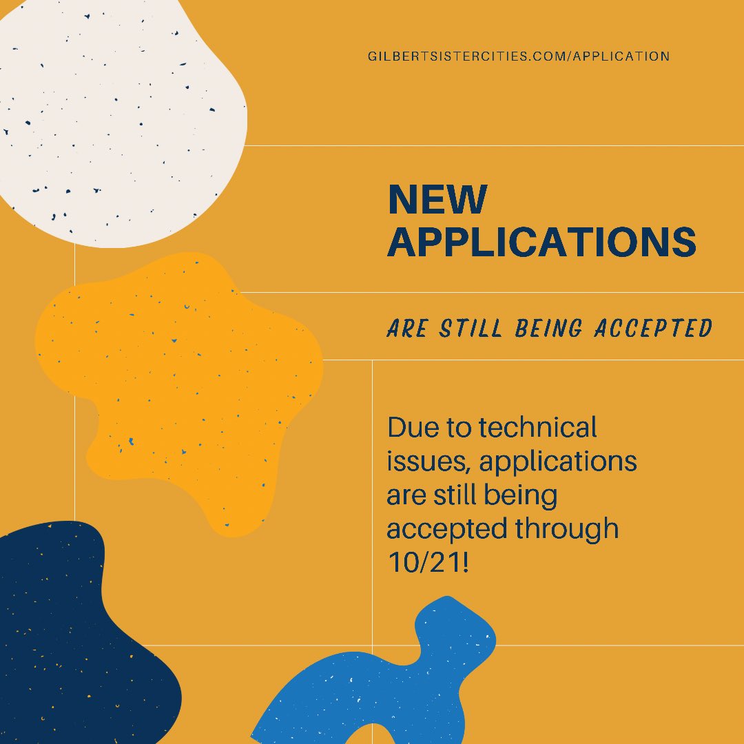 GilbertSisCity's tweet image. Afraid you missed out on the summer of a lifetime? Well, you’re in luck! Due to technical issues, we are extending our application deadline to Thursday, 10/21! Apply today!!
•
•
•
#gilbertaz #lifeingilbert #gilbertsistercities #youthambassadors