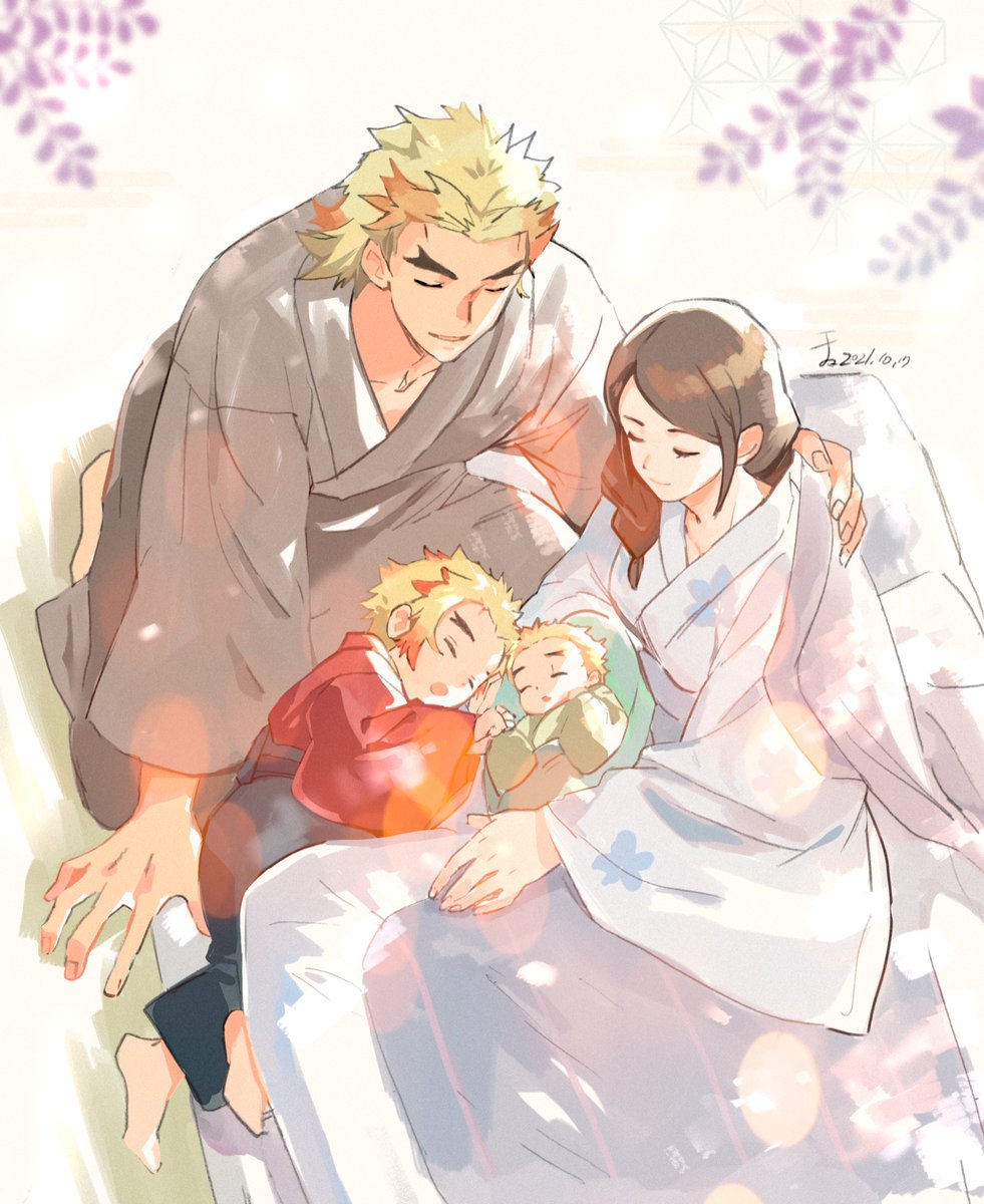 rengoku kyoujurou blonde hair multiple boys 1girl sleeping forked eyebrows closed eyes japanese clothes  illustration images