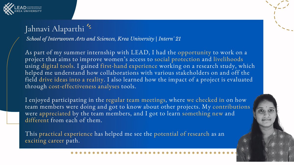 LEADatKrea's tweet photo. Drumroll, please! 🥁 This week we are featuring Jahnavi Alaparthi from the School of Interwoven Arts and Sciences, @kreauniversity who was a summer intern with @LEADatKrea. 

#intern #intern2021 #lifeatlead https://t.co/ccE2skqcI7