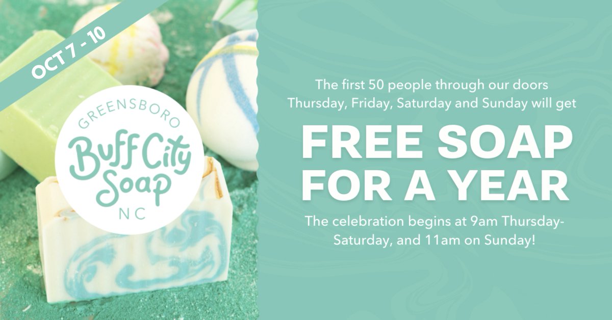 FriendlyCntr's tweet photo. @BuffCitySoap opens tomorrow, Oct 7! First 50 people through the doors Thurs, Fri, Sat, AND Sun get FREE SOAP FOR A YEAR! 🧼 The celebration begins at 9am Thurs-Sat, and 11am on Sun! Oct 7-10, 2021. 😍 (Limit one per person. Must be 16 years of age.) https://t.co/vI1q22Gjn2