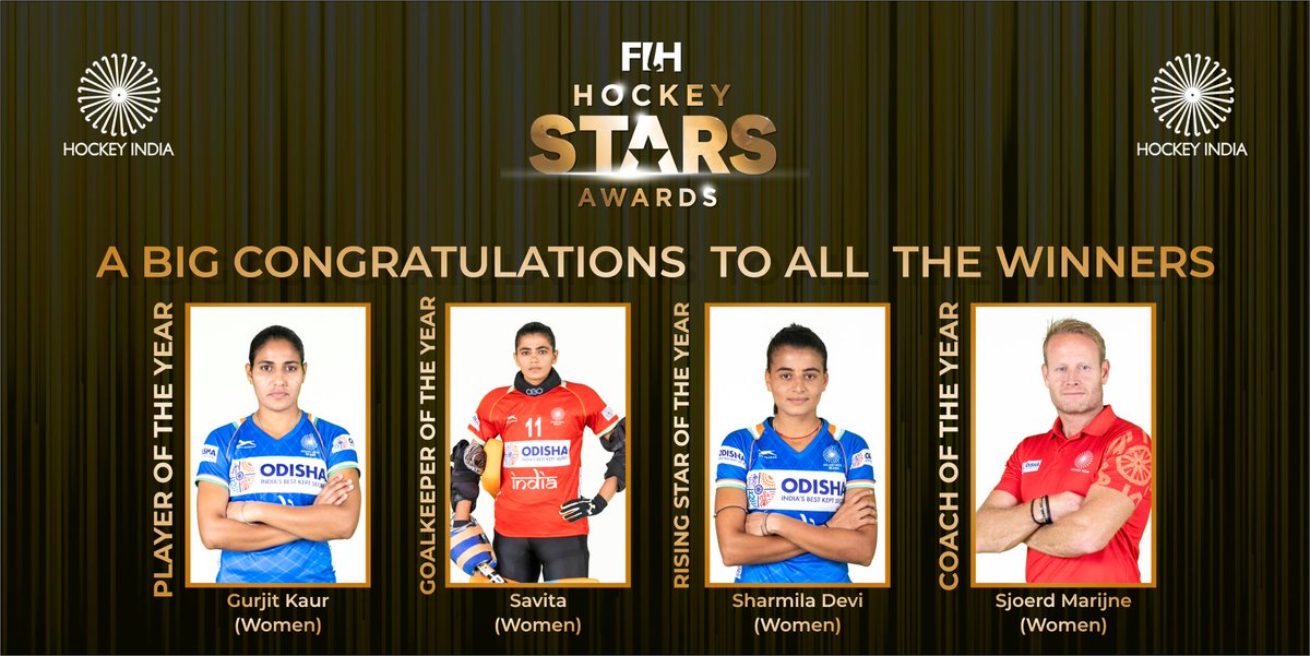 TheHockeyIndia's tweet photo. India strikes BIG. 🇮🇳🙌

Massive congratulations go out to all the winners of the prestigious FIH #HockeyStarAwards for the year 2020-2021. 👏

#IndiaKaGame https://t.co/bLDaiFWoO4