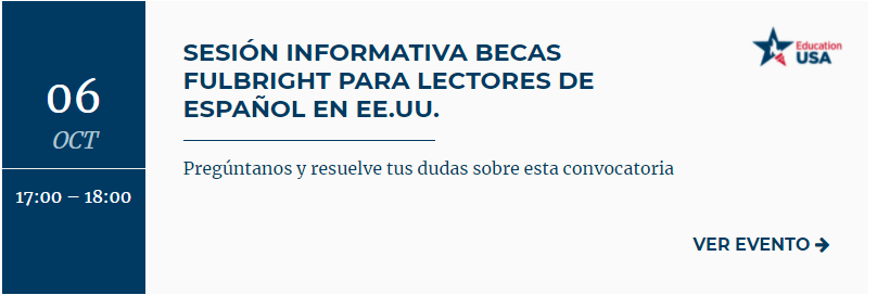 FulbrightSpain's tweet photo. HOY 6 OCT, a las 17h
Únete a sesión informativa de @FulbrightSpain sobre la convocatoria abierta para lectores de español #FLTA en universidades en #EEUU para el 2022-23 https://t.co/eKgyDJuqho #masqueunabeca #Fulbright 
¡te esperamos!

Acceso gratuito en https://t.co/RF4ltSvdNu https://t.co/CtGOP4Y4fR