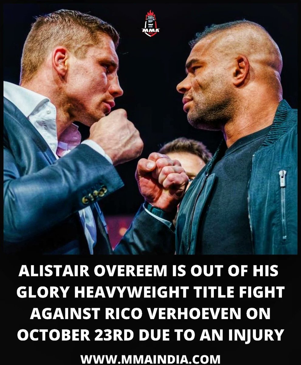 MMAIndiaShow's tweet photo. BREAKING NEWS: Alistair Overeem is injured and is ruled out of his kickboxing bout against Rico Verhoeven
#GLORYWS #Kickboxing #GLORY79 #COLLISION3 https://t.co/9tVj8hQK7Z