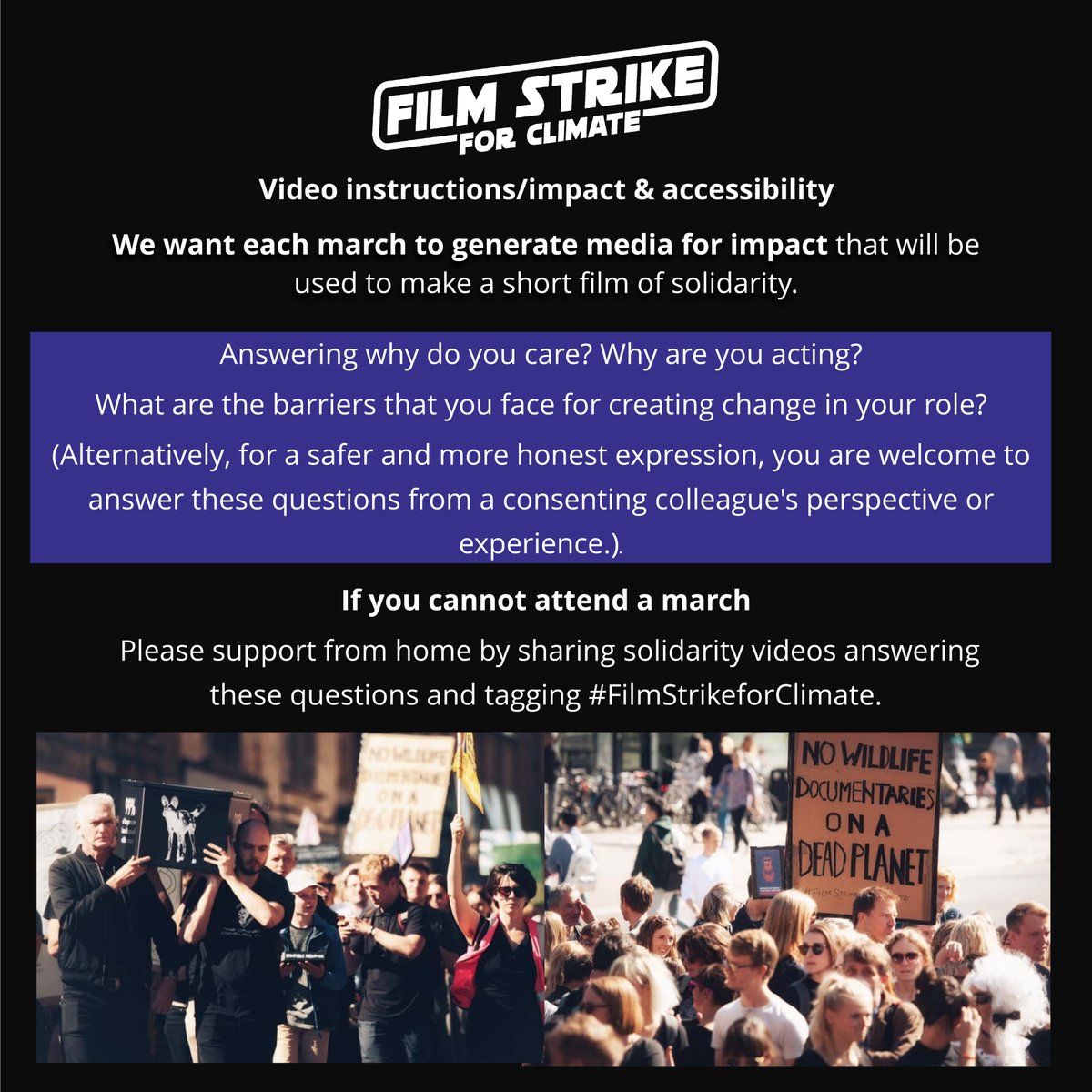 FILM STRIKE FOR CLIMATE COP26 NOVEMBER 6TH We are inviting industry members to create an internationalist display of honesty and solidarity to our own industry, world leaders and the rest of the globe during COP in London and Bristol. . . . More info @ FilmStrikeforClimate.org/projects