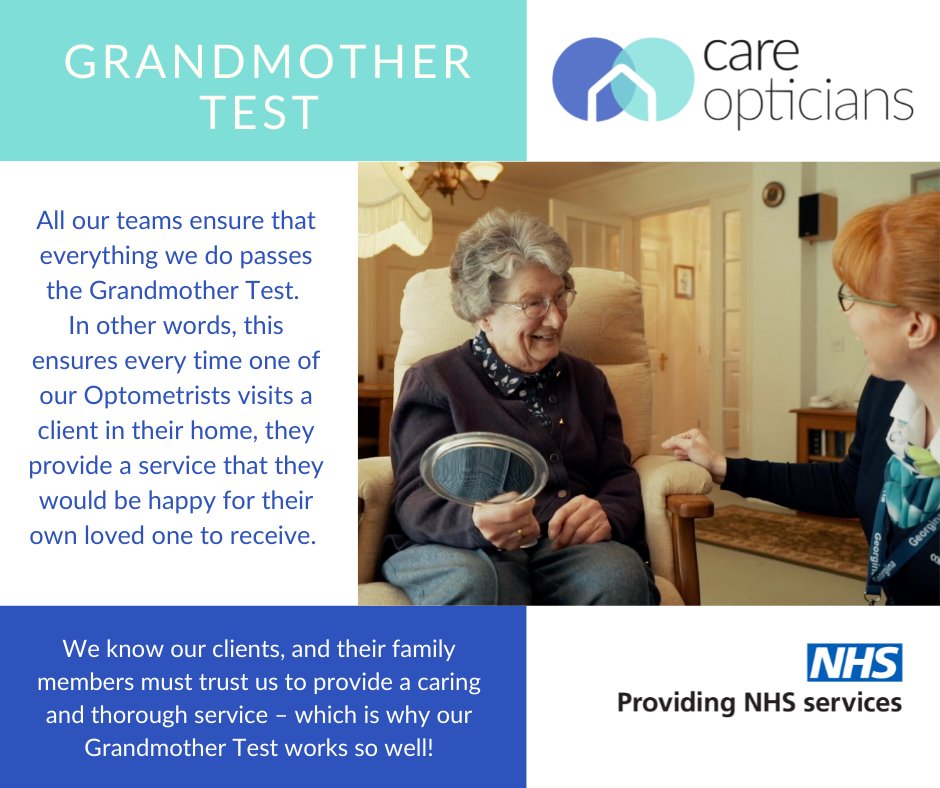CareOpticians's tweet photo. The Grandmother test continues to be the foundation for the high standard of care we aim to provide. #ethos #careopticians #optometry #healthcare #nhsuk https://t.co/bh9CyHb64s