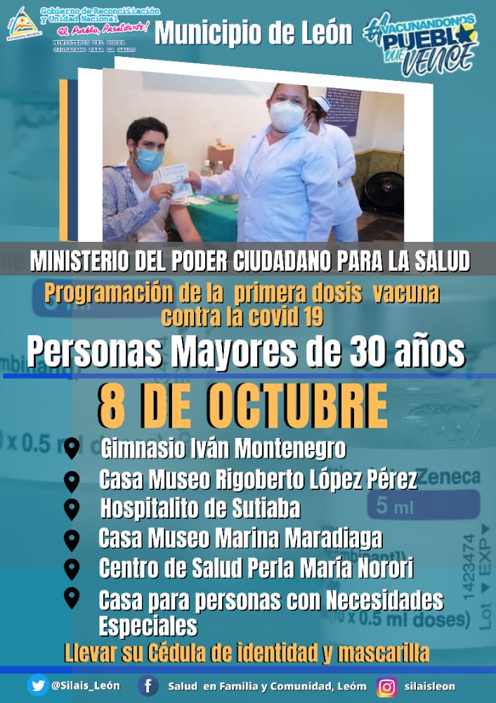 Programación de primera vacuna contra el Covid-19 para personas mayores de 30 años en el municipio de León.
#TodosLosTriunfosSonDelPueblo 
#VacunateSinCita
#Covid_19
#Nicaragua
