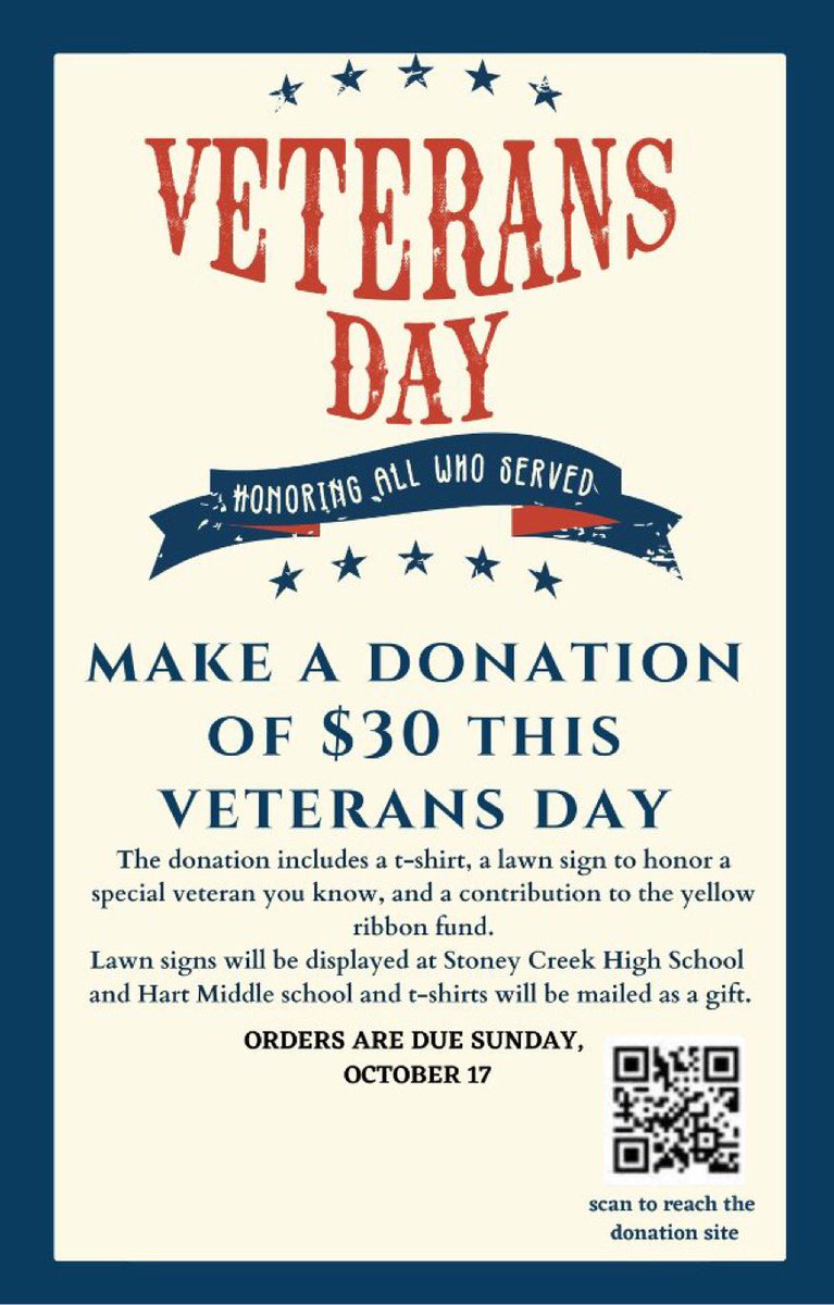 We are excited to honor Veterans again this year through our Veteran’s Day Celebration!  Order your sign and t-shirt before 10/17 to participate!  <a href="/WeAreSCHS/">Stoney Creek High School</a>