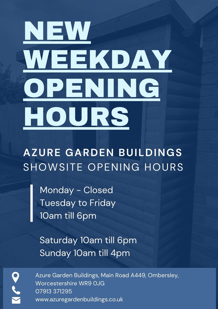 ✨Autumn Opening times✨
𝗧𝘂𝗲𝘀𝗱𝗮𝘆 - 𝗙𝗿𝗶𝗱𝗮𝘆 𝟭𝟬𝗮𝗺 𝘁𝗶𝗹𝗹 𝟲𝗽𝗺
Weekends remain the same:
Saturday 10am till 6pm and Sunday 10am till 4pm
Come and have a look at our new Deepdale Open Fronted Summerhouse 
#openingtimes #worcestershirehour #timbergardenbuildings