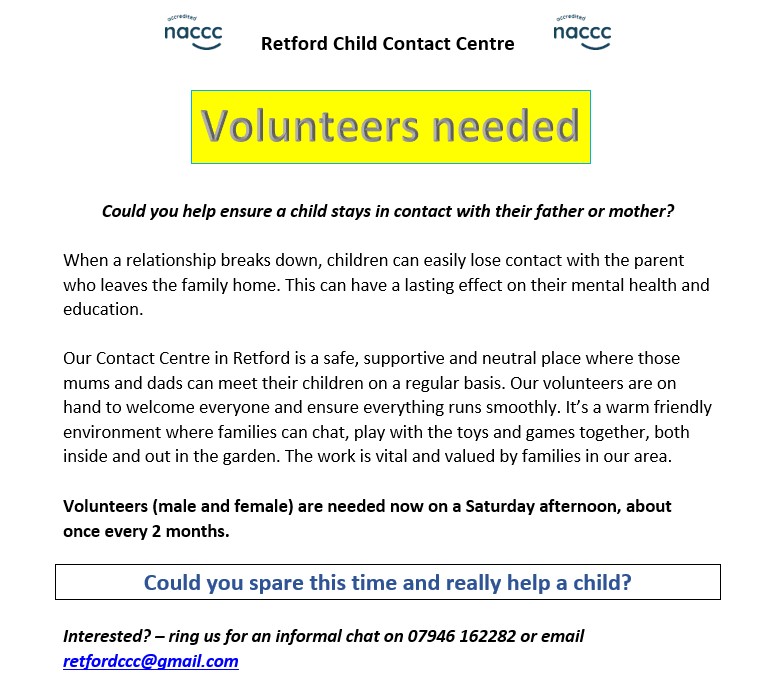BCVSINVOLVE's tweet photo. Retford Child Contact Centre - We really want to reopen for parents who desperately need us, but more volunteers are needed to join our team. 
Could you spare this time and help a child?
Interested? – ring us for an informal chat on 07946 162282 or email retfordccc@gmail.com https://t.co/0nwkTp8yKJ