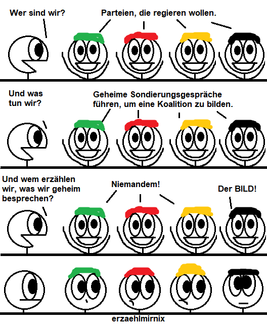 Ein Erzaehlmirnix-Comic, in dem eine Strichfigur links mit vier Figuren redet, die je einen grünen, roten, gelben und schwarzen Hut trägt.

Linksi: "Wer sind wir?"
Alle: "Parteien, die regieren wollen!"

Linksi: "Und was tun wir?"
Alle: "Geheime Sondierungsgespräche führen, um eine Koalition zu bilden!"

Linksi: "Und wem erzählen wir, was wir geheim besrechen?"
Alle: "Niemandem!"
Die Figur mit dem schwarzen Hut: "Der BILD!"

Alle starren die Figur mit dem schwarzen Hut an, die bedröppelt schaut.
