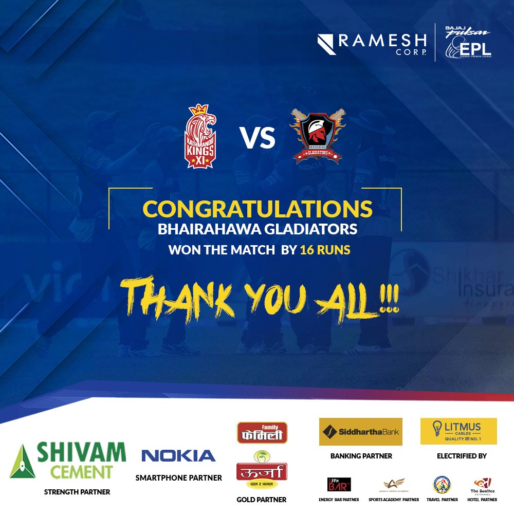 Our Lions fought till the end but it wasn't our day, congratulations to Bhairahawa Gladiators as they progress to the next match... Thank You all for the support, we will come back again... #wallawalla

#Kathmandukingsxi #kathmandukings #kkxi #cricket #wallawalla #nepalicricket