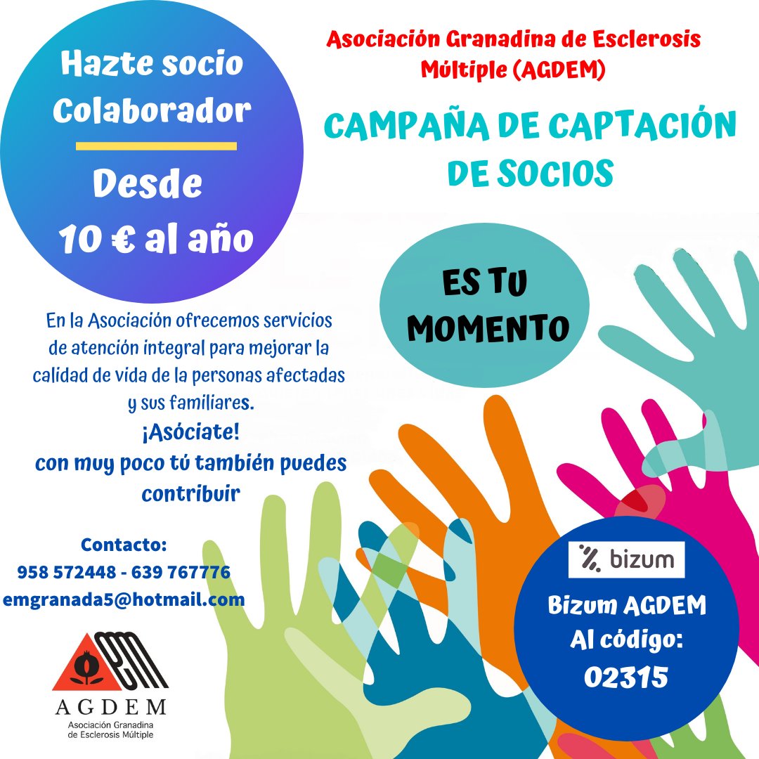 agdem_granada's tweet photo. Con motivo de la #semanadelaesclerosismultiple retomamos nuestra campaña de captación de socios colaboradores.
Por sólo 10 € al año puedes colaborar con nosotros.
Es una cantidad simbólica anual y una gran ayuda para nosotros, ponte en contacto y ¡asóciate!👏👏 https://t.co/DTpMPujqNG