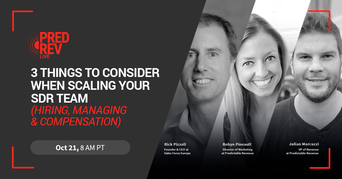 SalesForceEurop's tweet photo. Can't wait for this talk between our @rpizzoli and @PredRev's Julian Marcuzzi on 3 things to consider to #scale your #SDR team:
✅ hiring
✅ managing
✅ compensating
Free and engaging live online event:
Thursday 21 October at 11amEST, 4pmBST
Sign up now: https://t.co/KId3tu7Fb7 https://t.co/ZXZnvuSpry