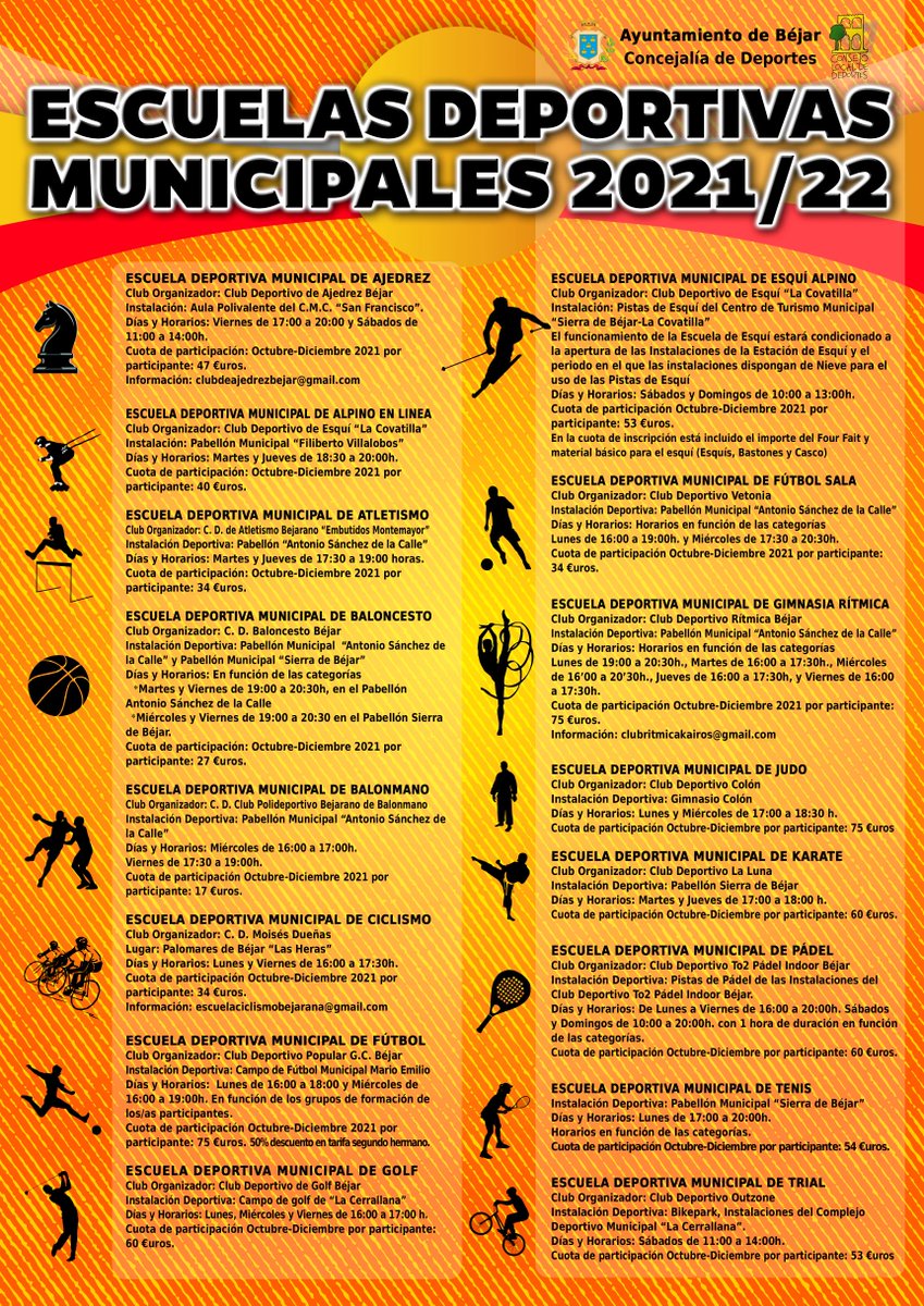 aytobejar's tweet photo. Abierto el plazo para inscribirse en las actividades deportivas de las escuelas municipales curso 2021/2022. Elige la que más te gusta👇 #béjar #Deporte #escuelasdeportivas https://t.co/4lF9mtwdnV