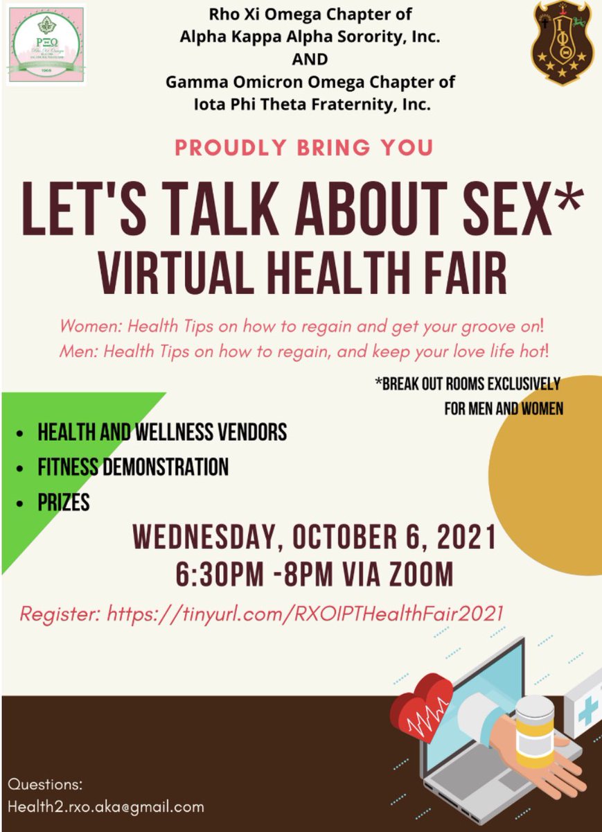 RhoXiOmega_AKA's tweet image. The @rhoxiomega_aka Chapter and @goo_ipt Chapter invite you to their joint virtual health fair “Let’s Talk About Sex” tonight at 6:30 p.m.  Free and open to the public with advance registration – tinyurl.com/RXOIPTHealthFa…   #AKA1908 #RXO1988 #TargetII #WomensHealth