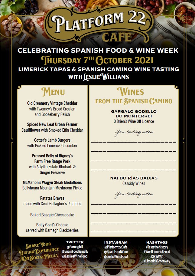 SpainFoodWineIE's tweet photo. Tomorrow you can enjoy Spanish #Tapas and #Camino 🇪🇸🍷 wine tasting presented by @LesliesWineFood at #Platform22! 

📍 Platform 22, Barnagh, Co Limerick 
🕜 13.00
📞 Bookings (069 61512) 

More info 👉 https://t.co/NT8GlW751a 
#SFWW21 https://t.co/gm7FxPzyRv