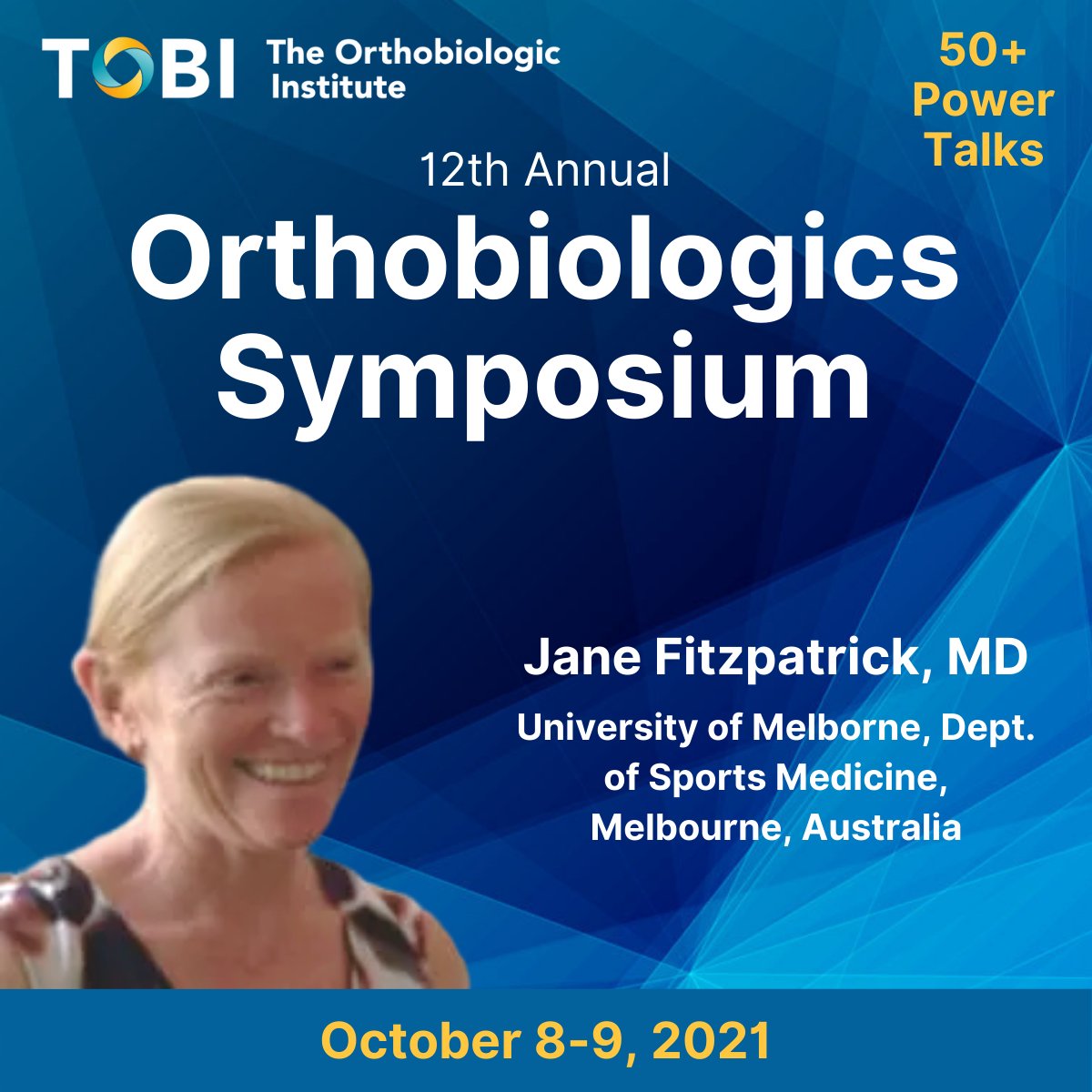 PRP for Gluteal Tendinopathy: Outcomes Data with Post Injection MRI Imaging
Jane Fitzpatrick, MD, University of Melborne Dept. of Sports Medicine, Melbourne, Australia
Join us for 50+ quick power talks 
bit.ly/3wdyX8v
TOBI50 for $50 off
#orthobiologics #orthopedics